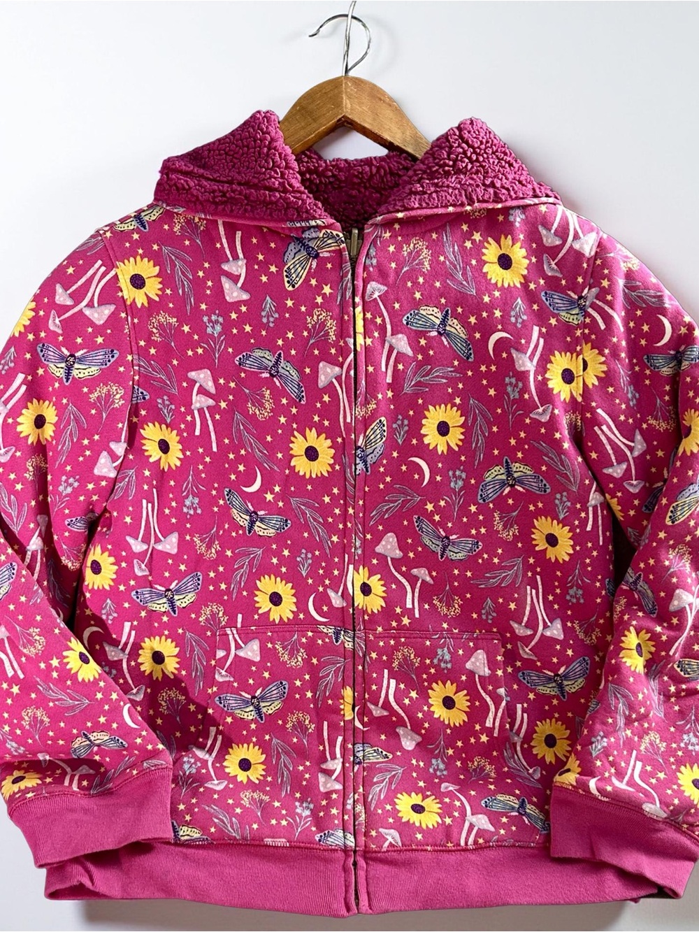 Lands’ End Verbena Kids Reversible Sherpa Hoodie Floral Butterfly Mushroom Pink
